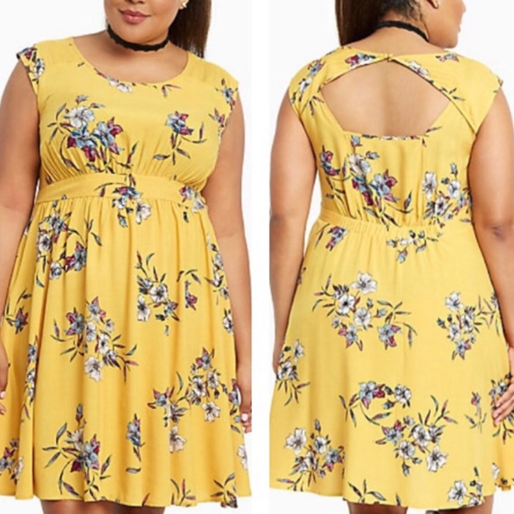 Torrid 4x Plus Yellow Floral Open Back Midi Dress Cap Sleeves Wide Straps NWT